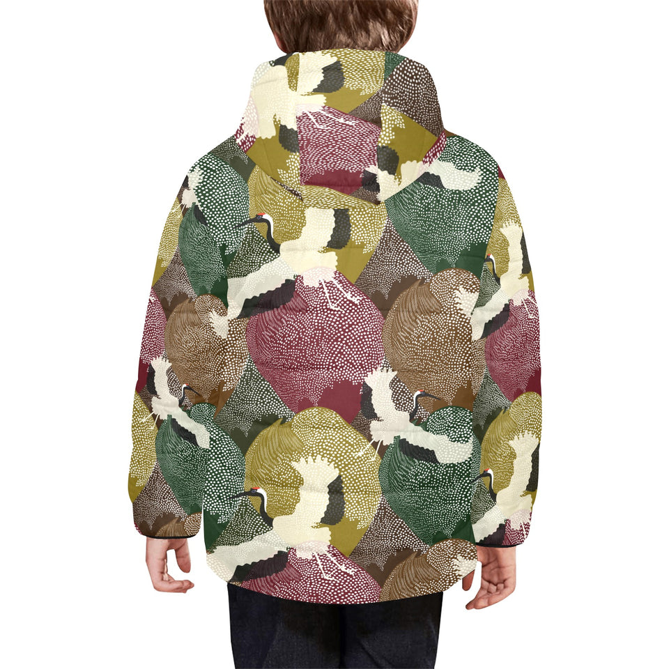 Japanese cranes flying forest dot pattern Kids' Boys' Girls' Padded Hooded Jacket