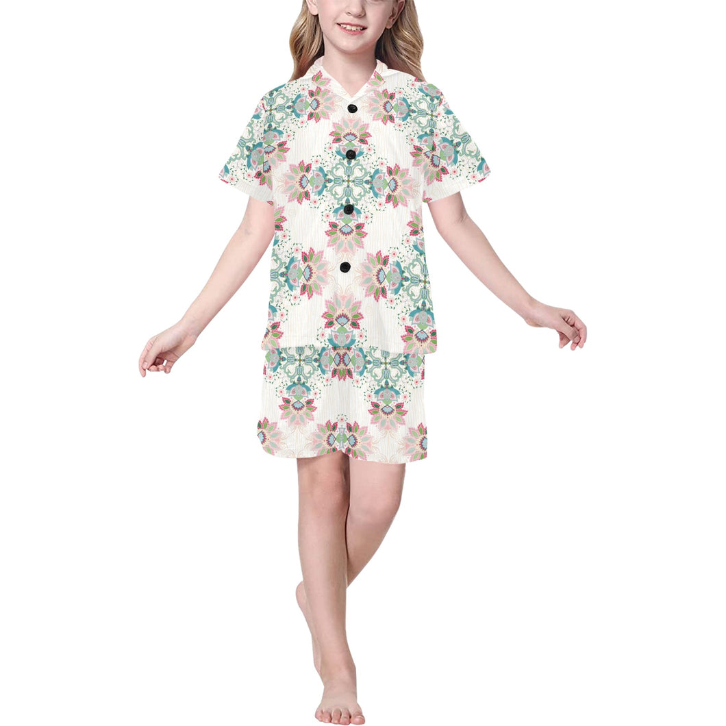 Square floral indian flower pattern Kids' Boys' Girls' V-Neck Short Pajama Set