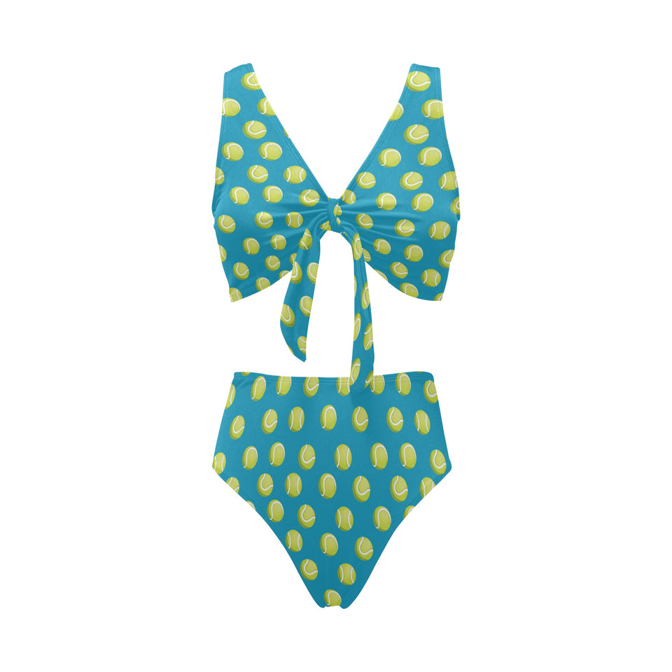 Tennis Pattern Print Design 05 Chest Bowknot High Waisted Bikini Swimsuit