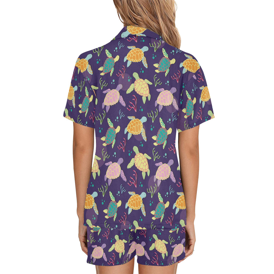 Colorful sea turtle pattern Women's V-Neck Short Pajama Set