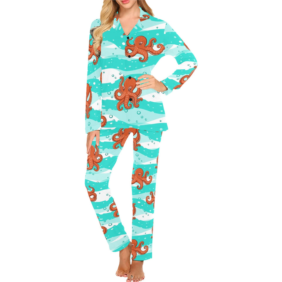 Octopuses sea wave background Women's Long Pajama Set