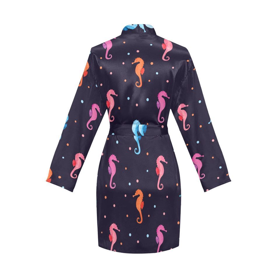 Watercolor colorful seahorse pattern Women's Long Sleeve Belted Night Robe