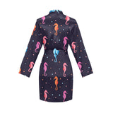Watercolor colorful seahorse pattern Women's Long Sleeve Belted Night Robe