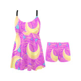 Moon pink rose background Chest Sexy Pleated Two Piece Swim Dress