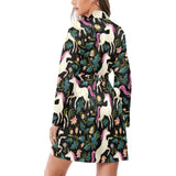 Unicorns forest background Women's Long Sleeve Belted Night Robe