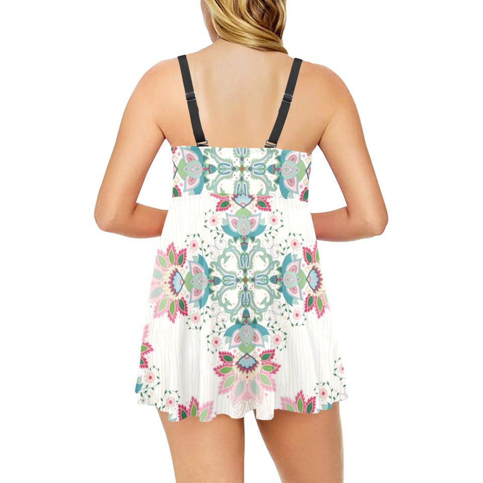 Square floral indian flower pattern Chest Sexy Pleated Two Piece Swim Dress