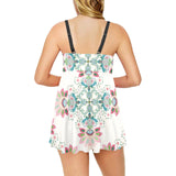 Square floral indian flower pattern Chest Sexy Pleated Two Piece Swim Dress