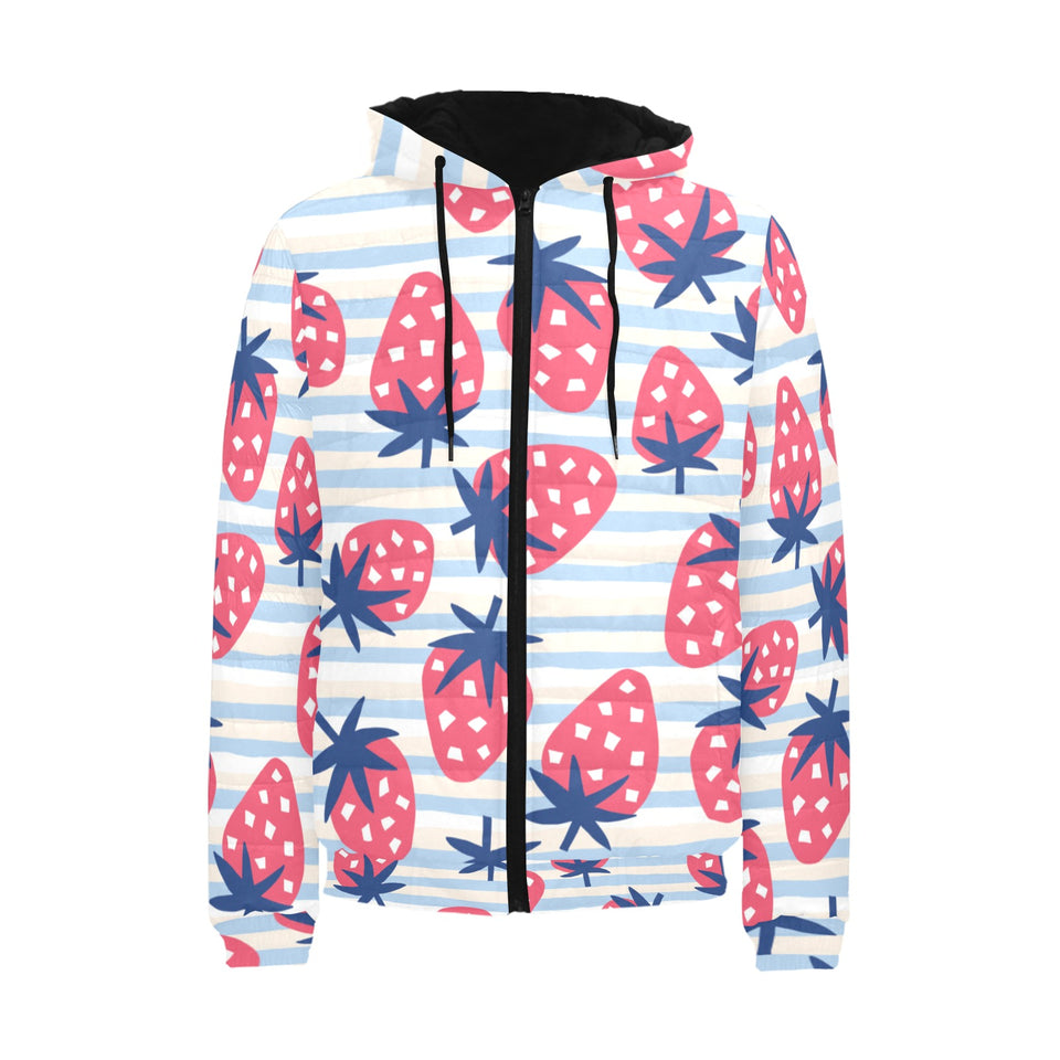 Strawberry pattern blue lines background Men's Padded Hooded Jacket