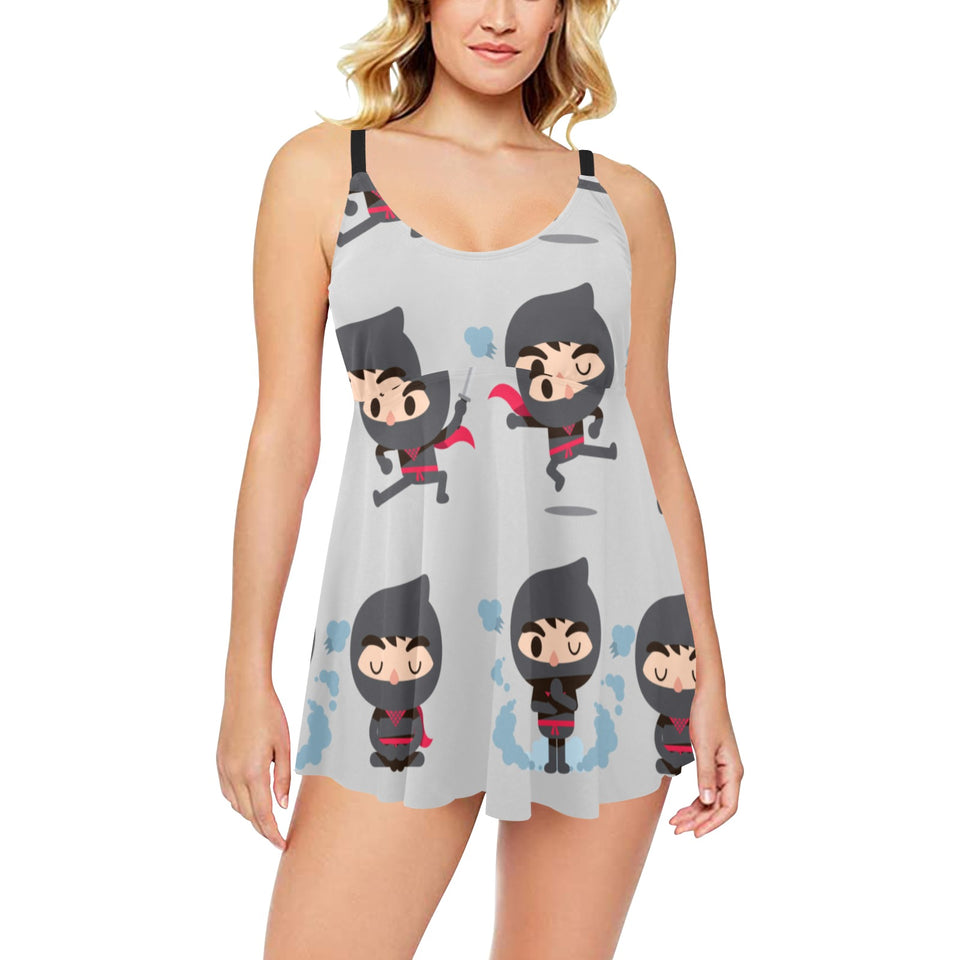 Cute ninja pattern Chest Sexy Pleated Two Piece Swim Dress