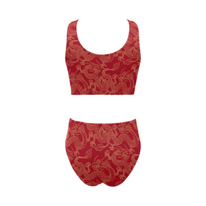 Gold dragons red background Chest Bowknot High Waisted Bikini Swimsuit