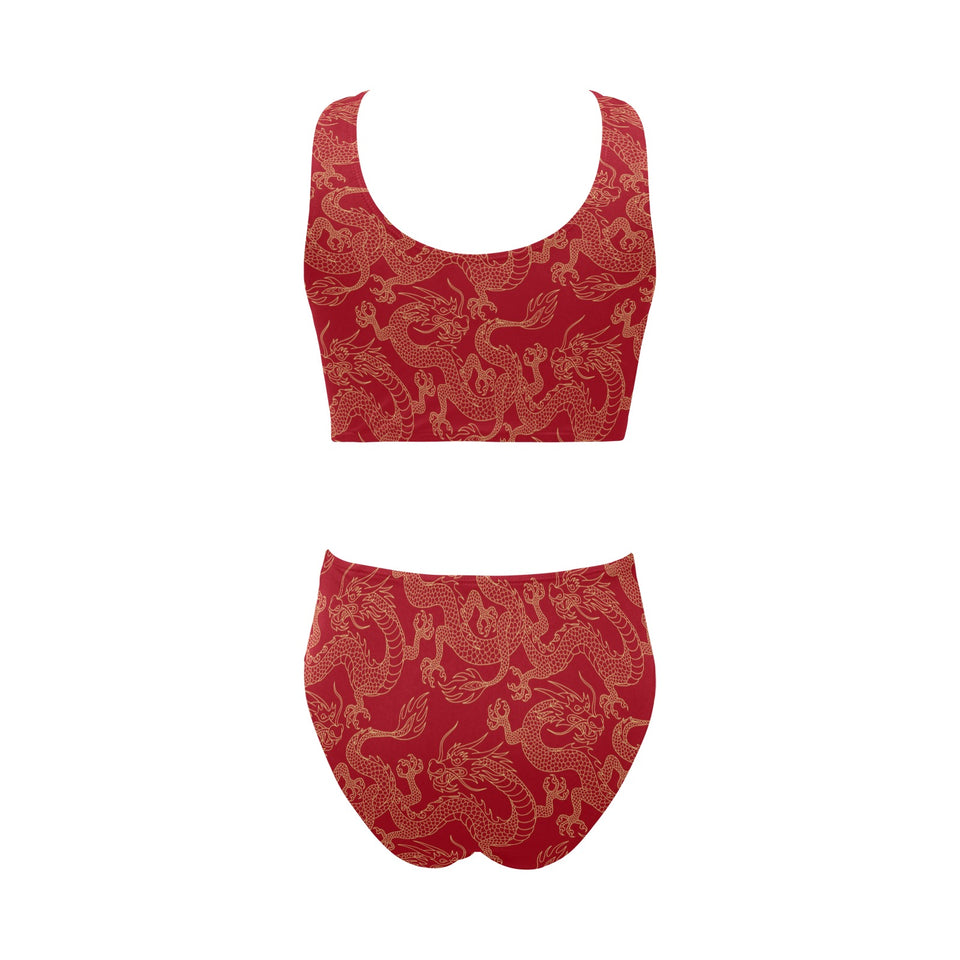 Gold dragons red background Chest Bowknot High Waisted Bikini Swimsuit
