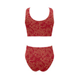 Gold dragons red background Chest Bowknot High Waisted Bikini Swimsuit