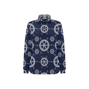 nautical steering wheel design pattern Women's Long Sleeve Polo Shirt