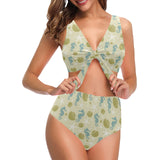 Seahorse shell starfish pattern background Chest Bowknot High Waisted Bikini Swimsuit