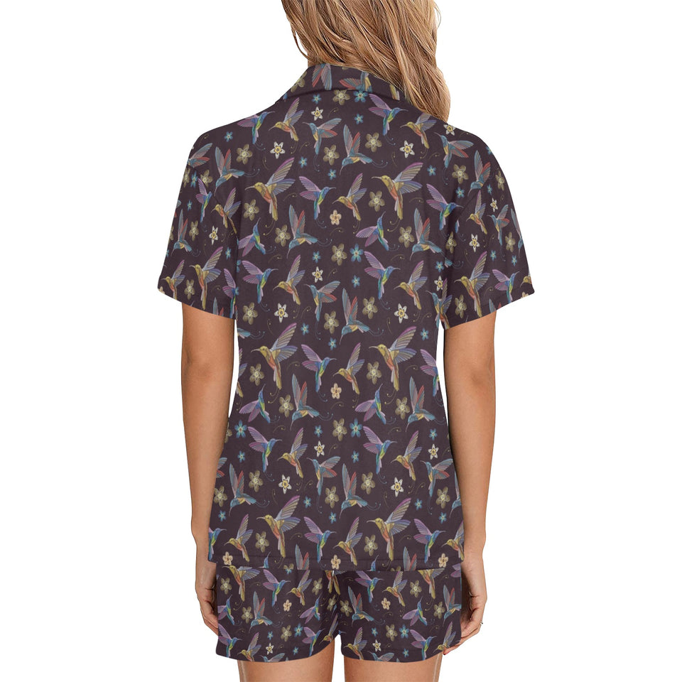 Hummingbird Pattern Print Design 04 Women's V-Neck Short Pajama Set