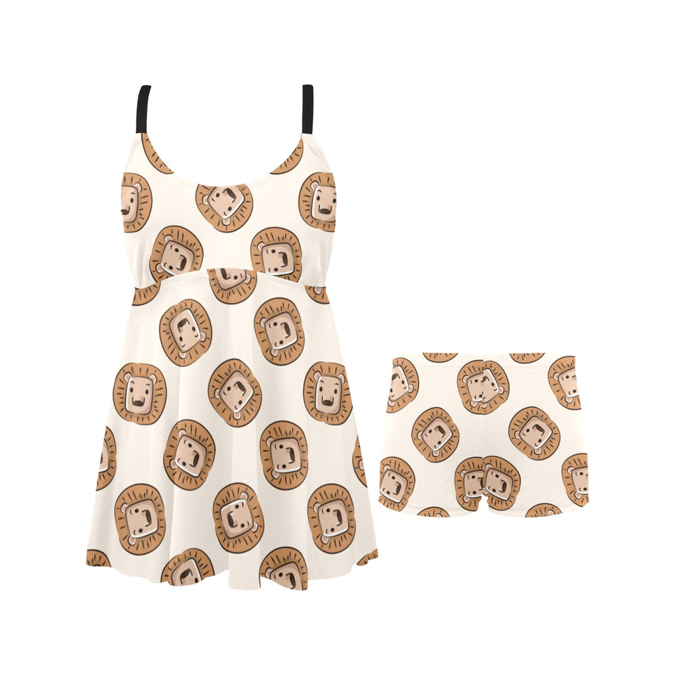 Lion Pattern Print Design 01 Chest Sexy Pleated Two Piece Swim Dress
