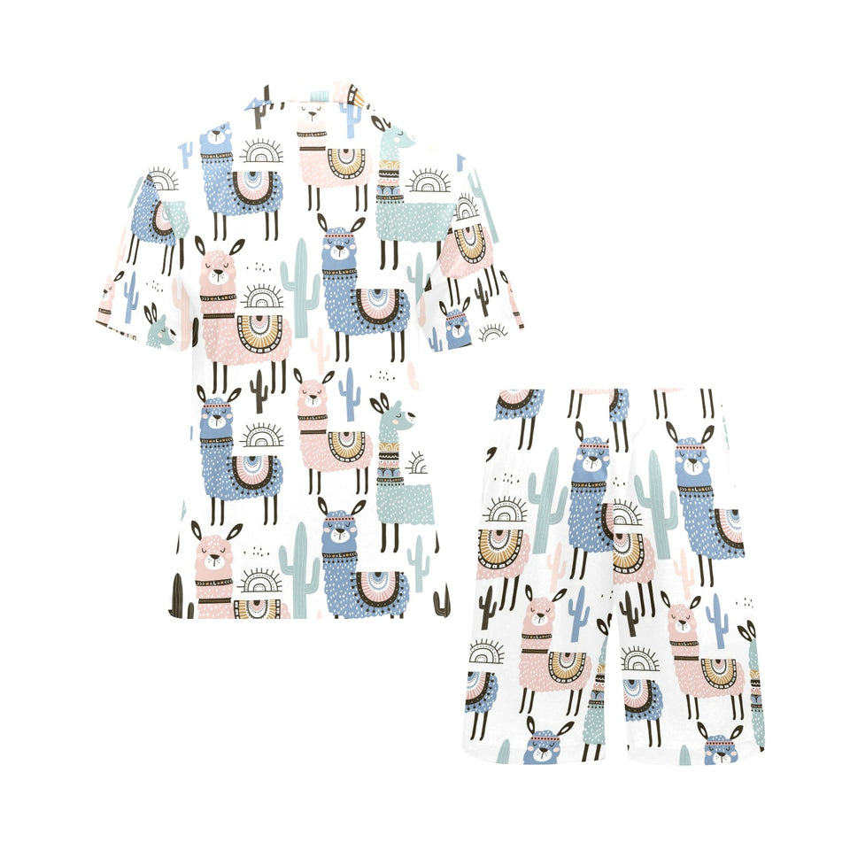 lama Alpaca cactus hand drawn pattern Men's V-Neck Short Pajama Set