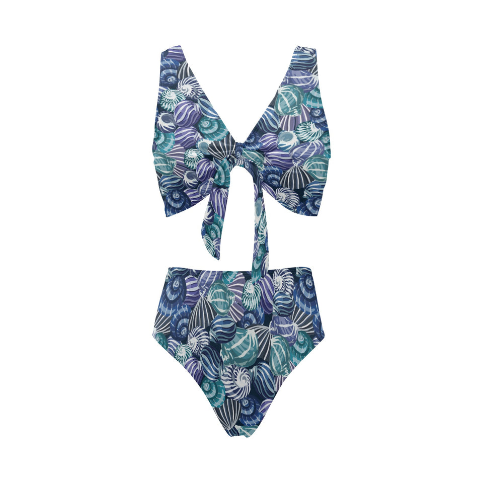Shell design pattern Chest Bowknot High Waisted Bikini Swimsuit