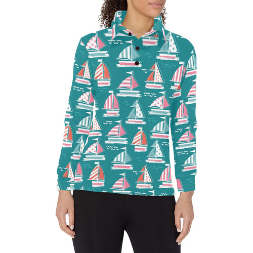Cute sailboat pattern Women's Long Sleeve Polo Shirt