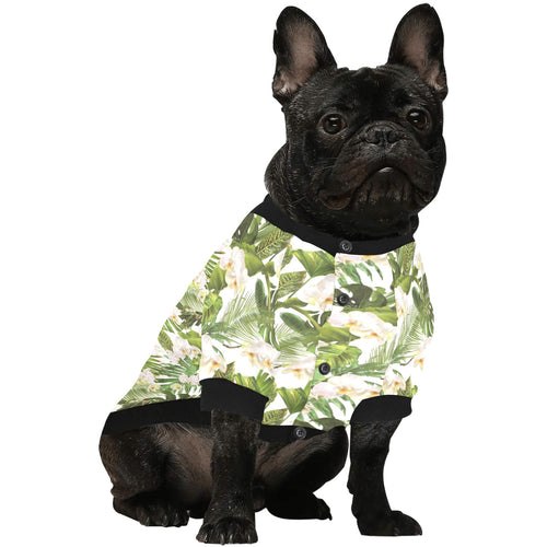 White orchid flower tropical leaves pattern All Over Print Pet Dog Round Neck Fuzzy Shirt