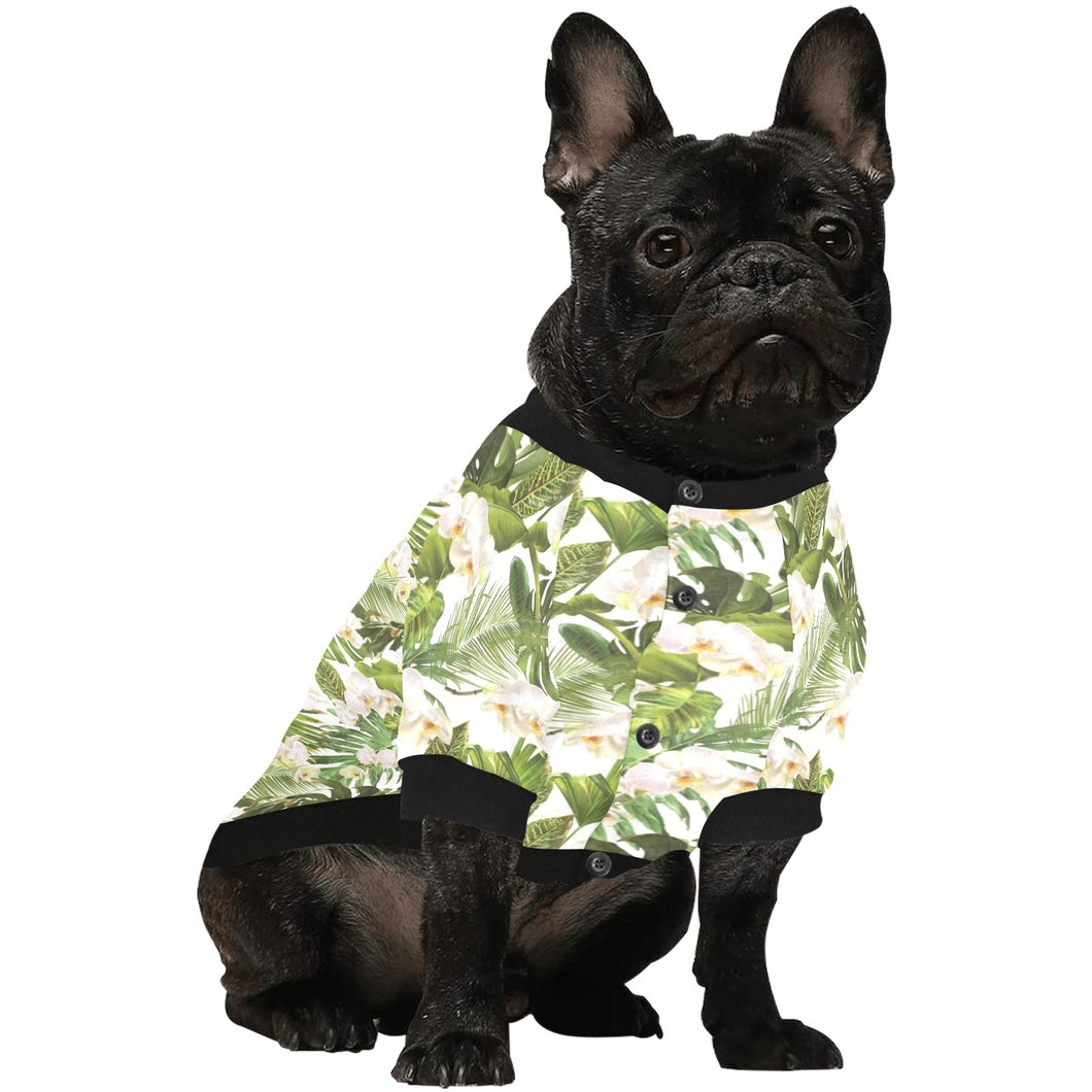 White orchid flower tropical leaves pattern All Over Print Pet Dog Round Neck Fuzzy Shirt