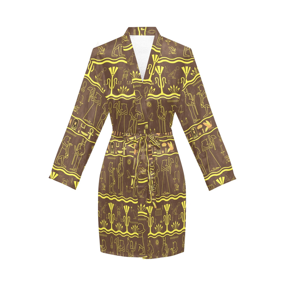 Egypt Hieroglyphics Pattern Print Design 03 Women's Long Sleeve Belted Night Robe