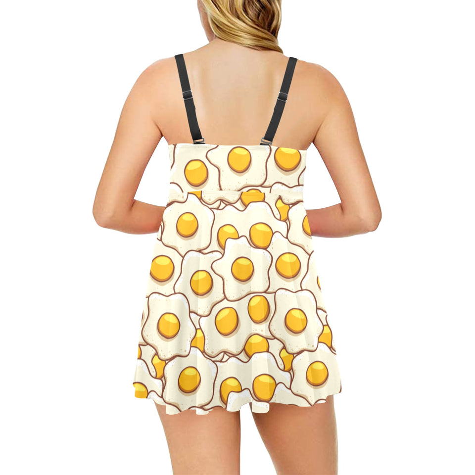 Fried Eggs Pattern Print Design 02 Chest Sexy Pleated Two Piece Swim Dress