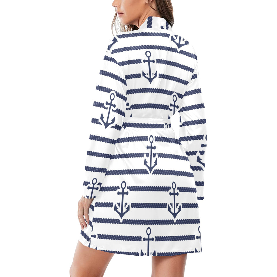 Anchor rope nautical pattern Women's Long Sleeve Belted Night Robe