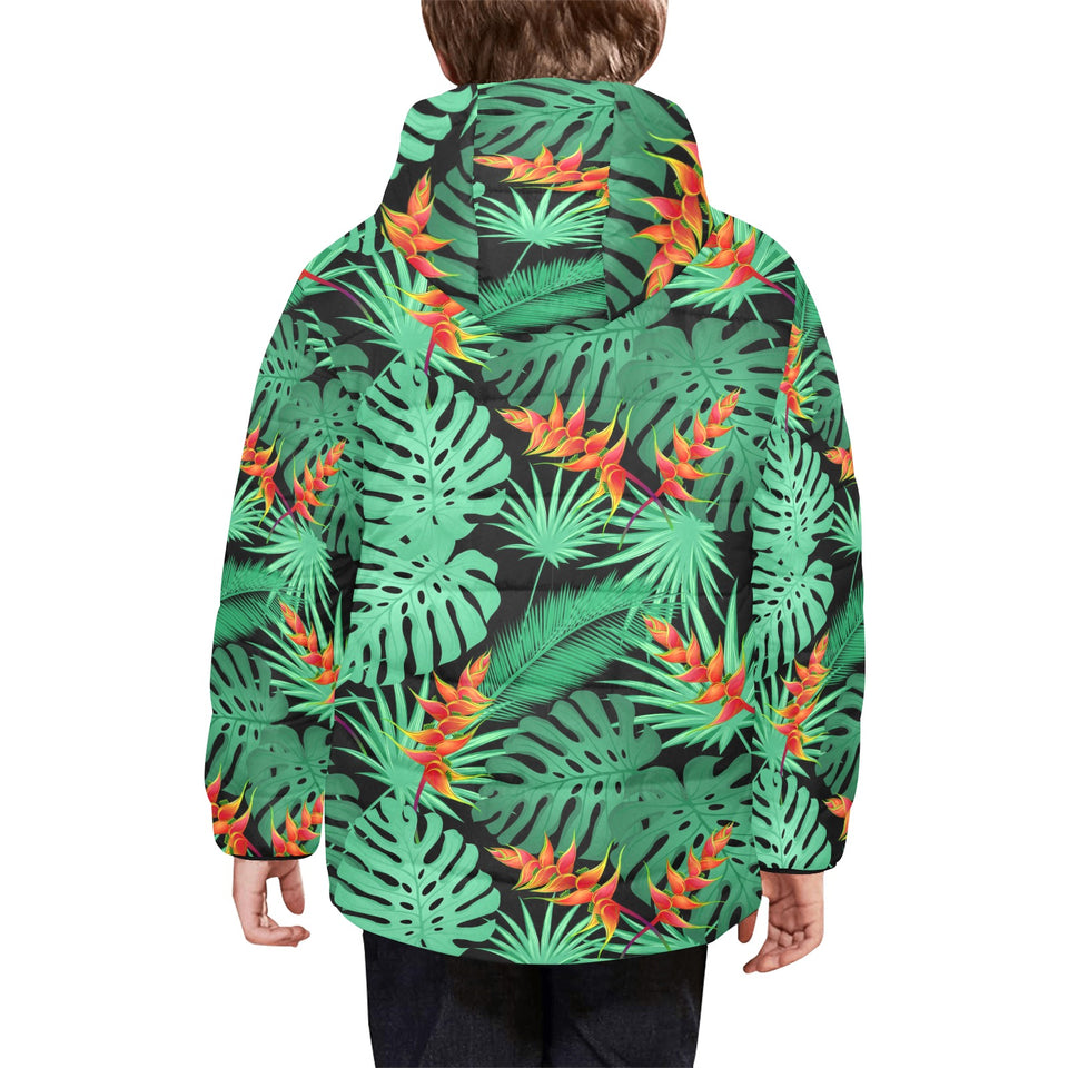 heliconia flower palm monstera leaves black backgr Kids' Boys' Girls' Padded Hooded Jacket