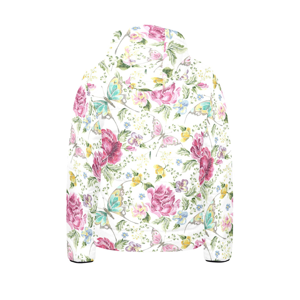 Hand drawn butterfly rose Kids' Boys' Girls' Padded Hooded Jacket