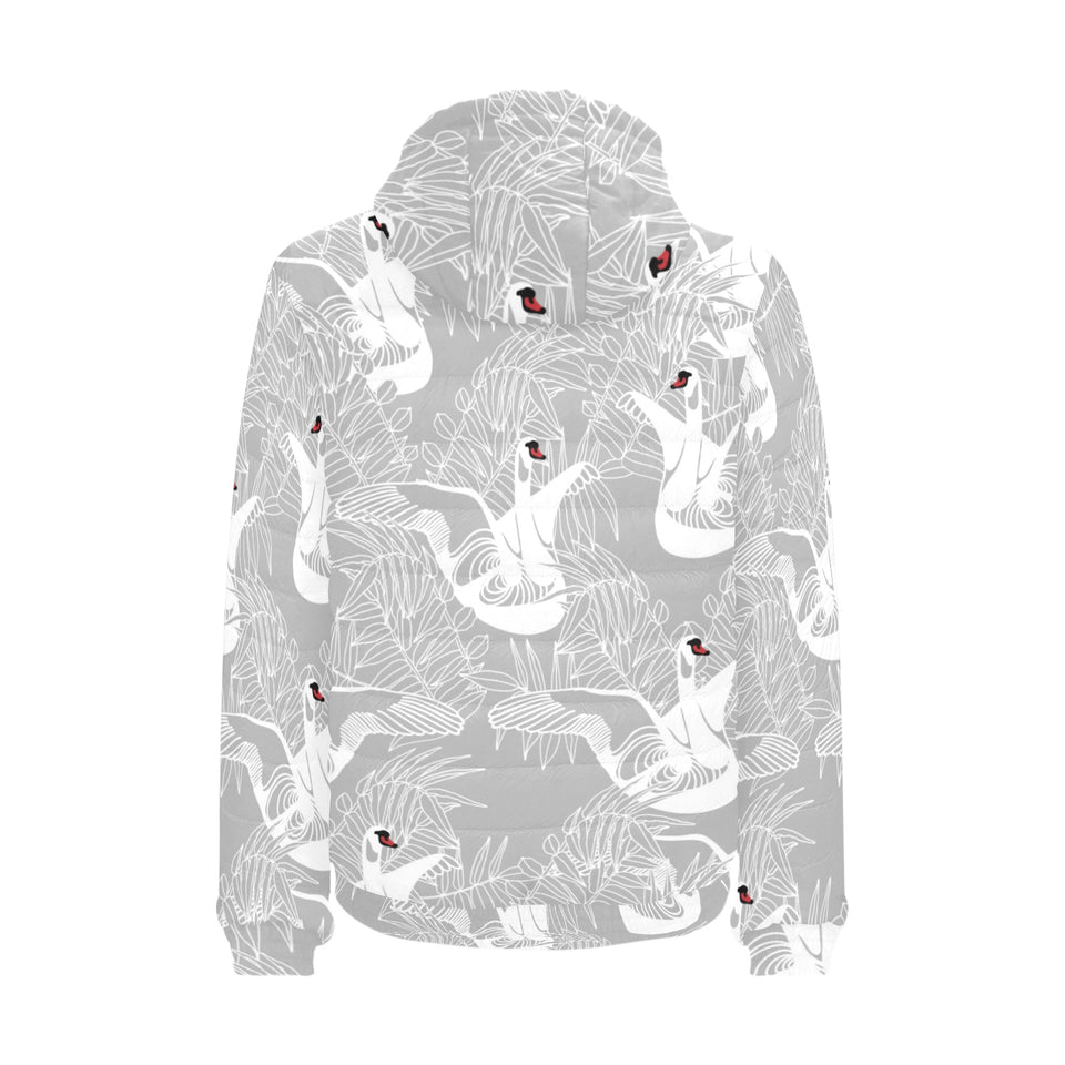 white swan gray background Men's Padded Hooded Jacket