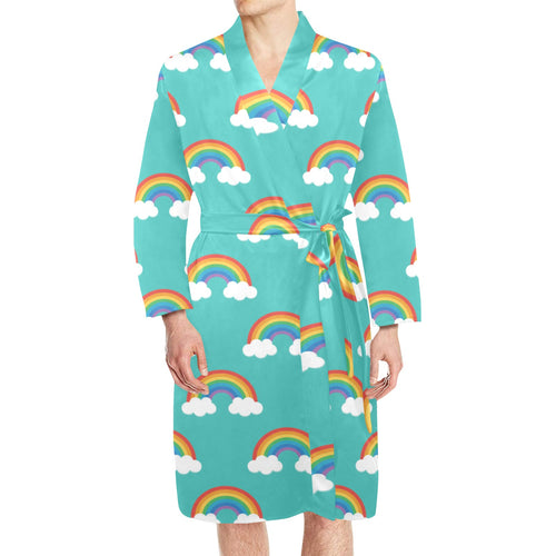 Rainbow pattern green background Men's Long Sleeve Belted Night Robe