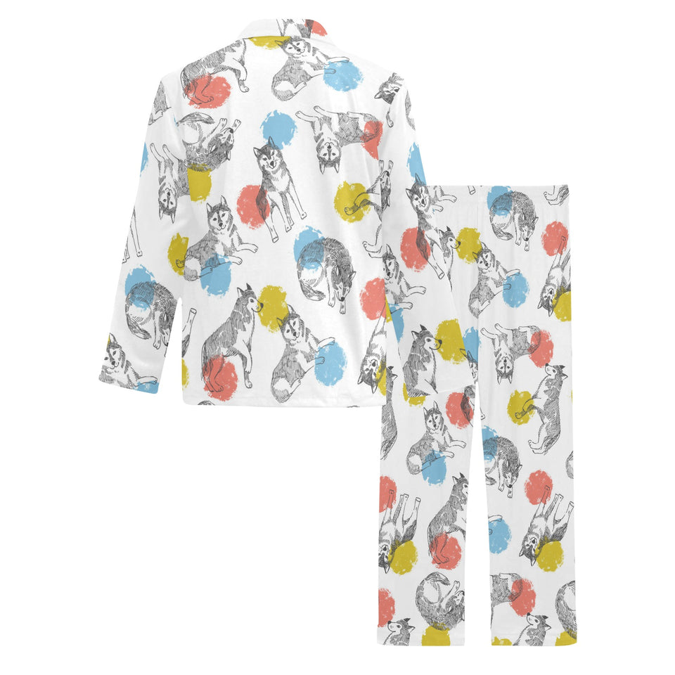Siberian husky and colorful circle pattern Men's Long Pajama Set