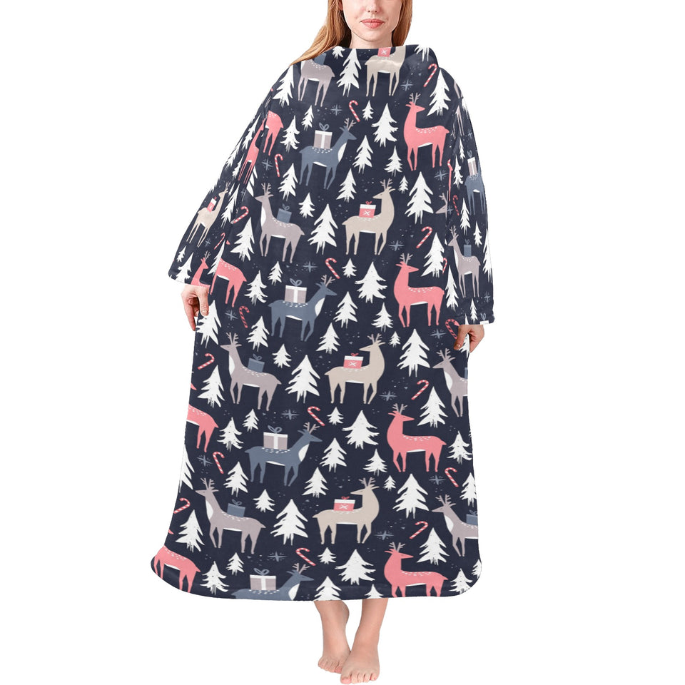 Deers Winter Christmas pattern Blanket Robe with Sleeves