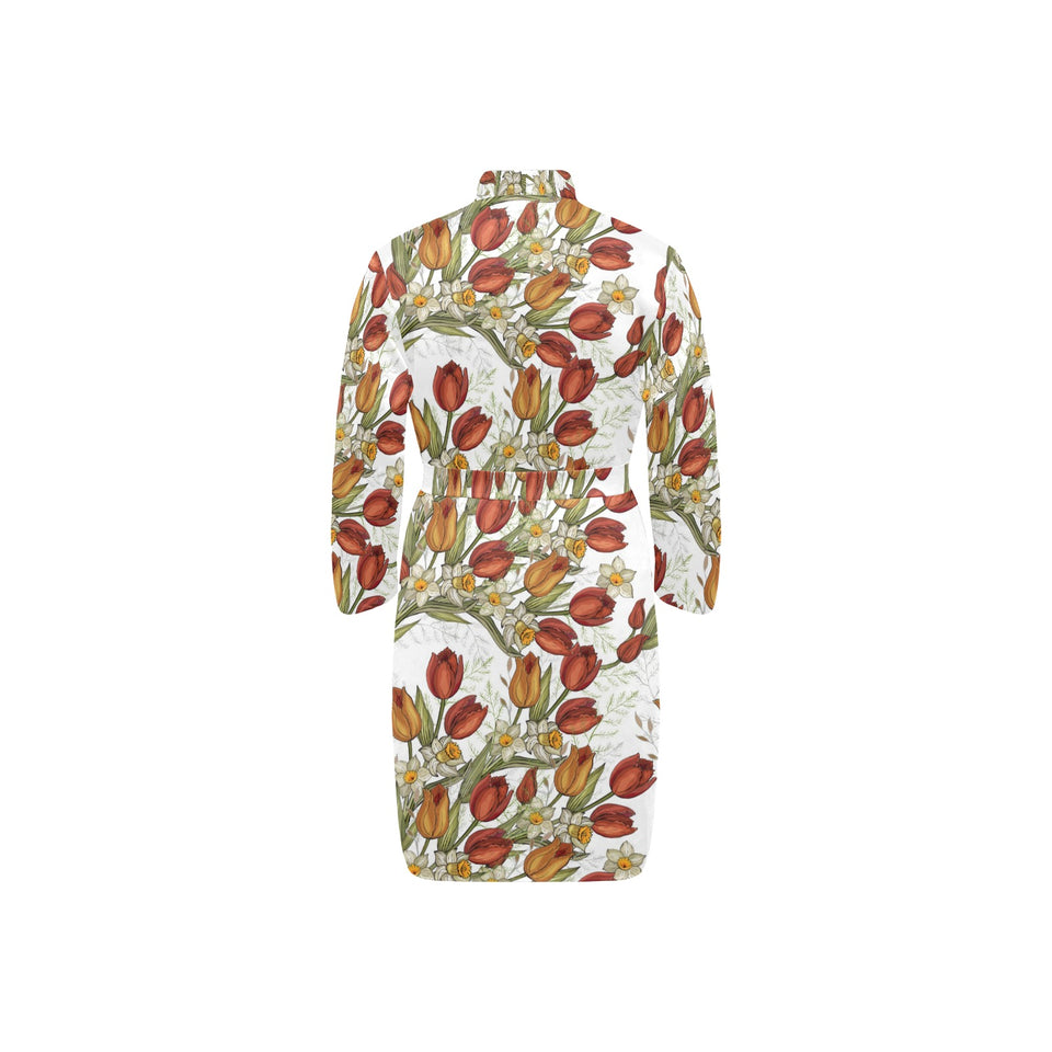 Red tulips and daffodils pattern Men's Long Sleeve Belted Night Robe