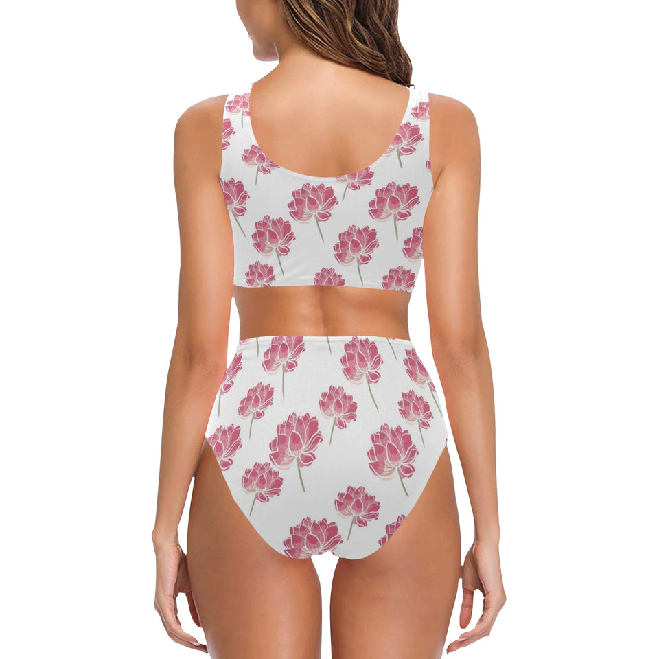 Pink lotus waterlily pattern Chest Bowknot High Waisted Bikini Swimsuit