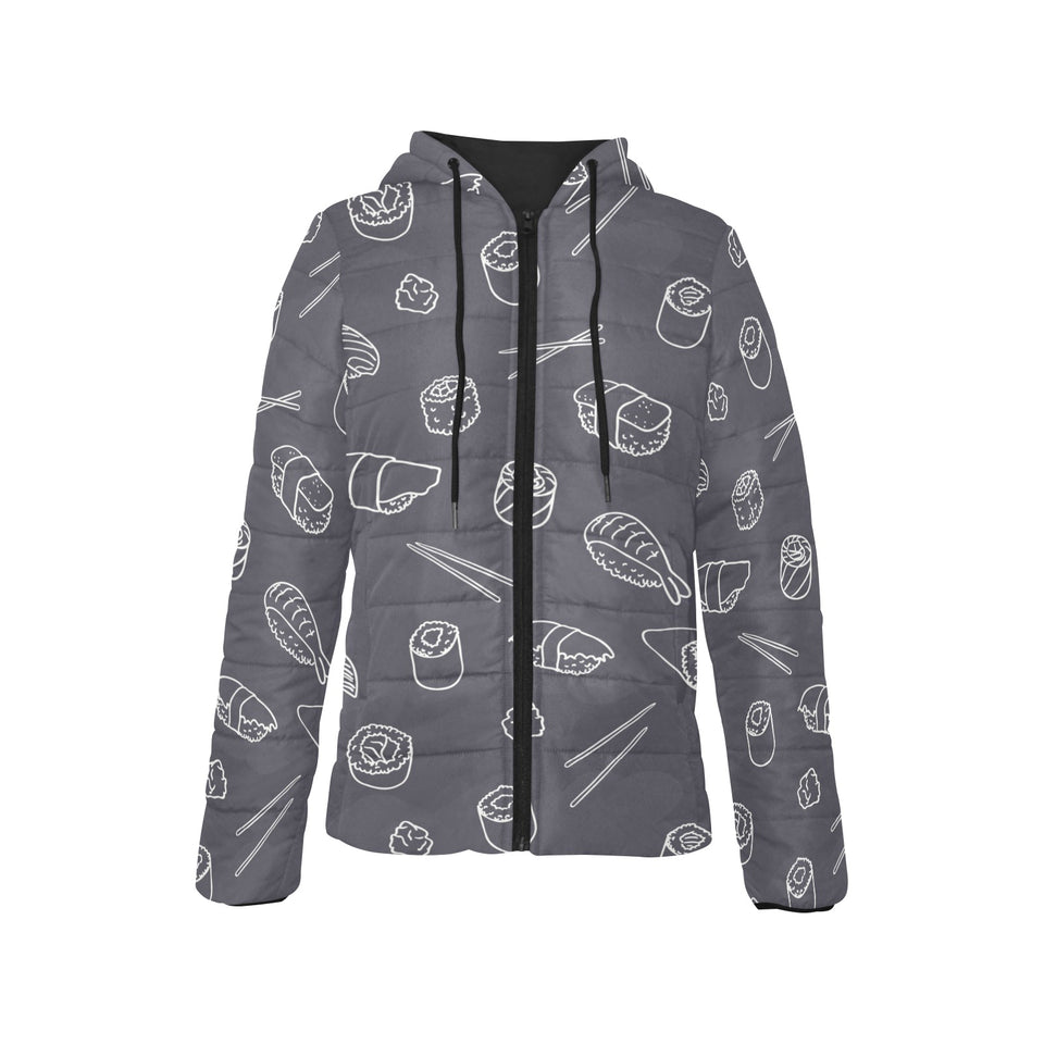 sushi pattern black background Women's Padded Hooded Jacket