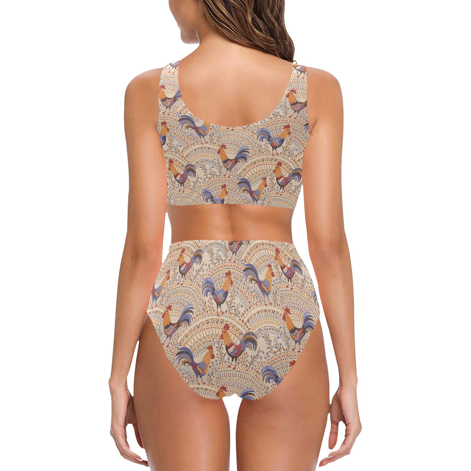 Cute rooster chicken cock floral ornament backgrou Chest Bowknot High Waisted Bikini Swimsuit