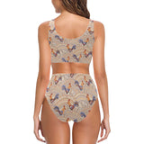 Cute rooster chicken cock floral ornament backgrou Chest Bowknot High Waisted Bikini Swimsuit