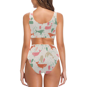 Cute whale pattern Chest Bowknot High Waisted Bikini Swimsuit