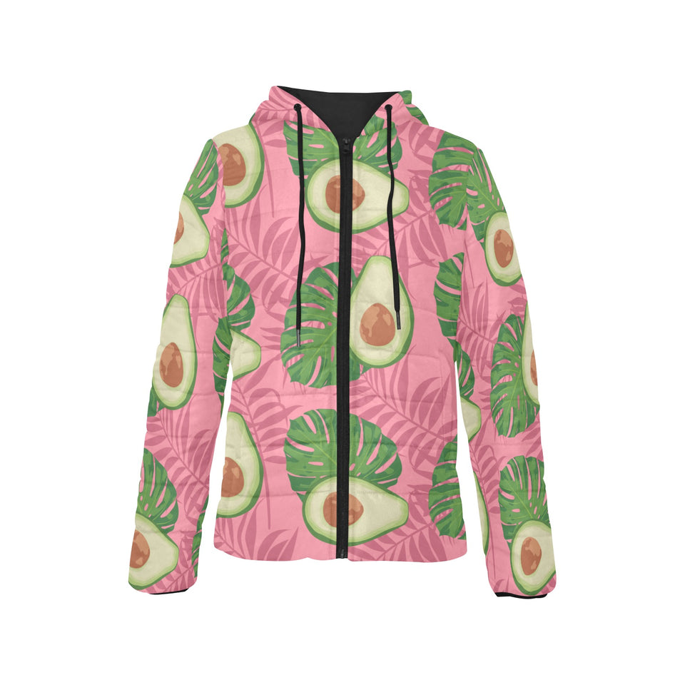 Avocado slices leaves pink back ground Women's Padded Hooded Jacket
