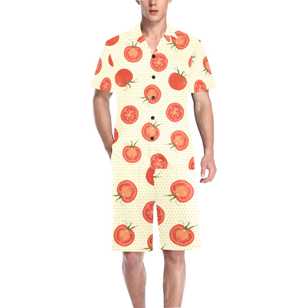 Tomato dot background Men's V-Neck Short Pajama Set