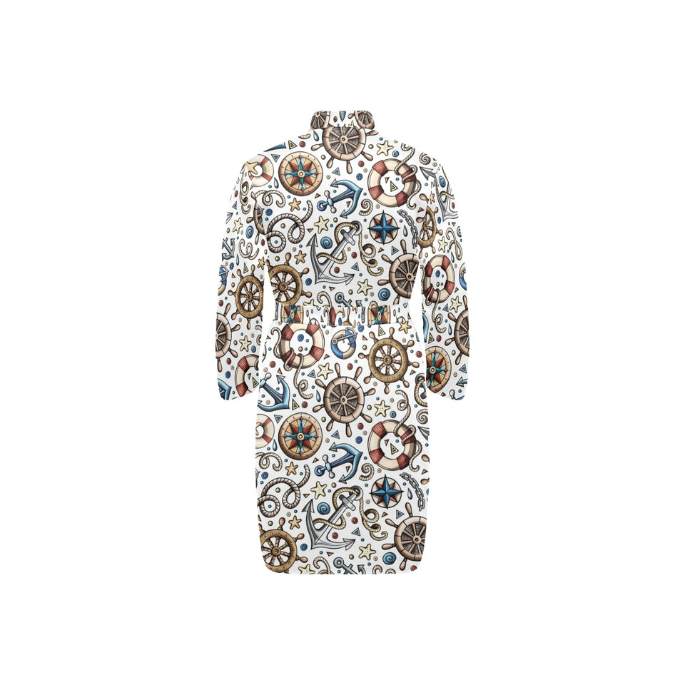 Cute nautical steering wheel anchor pattern Men's Long Sleeve Belted Night Robe