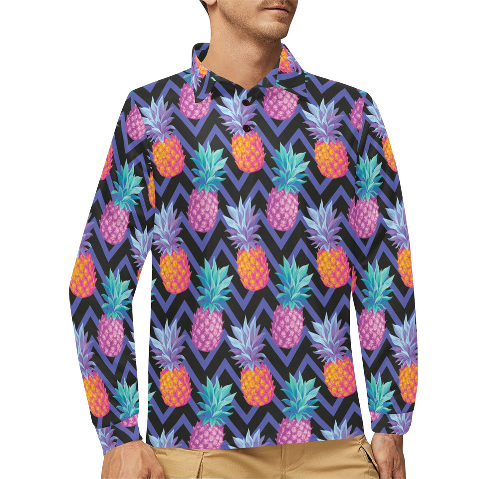 Pineapples pattern zigzag background Men's Long Sleeve Polo Shirt