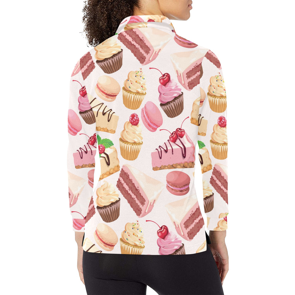 Cake cupcake sweets pattern Women's Long Sleeve Polo Shirt