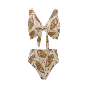 Corn Pattern Print Design 03 Chest Bowknot High Waisted Bikini Swimsuit