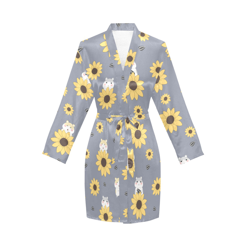 Cute hamster sunflower pattern background Women's Long Sleeve Belted Night Robe