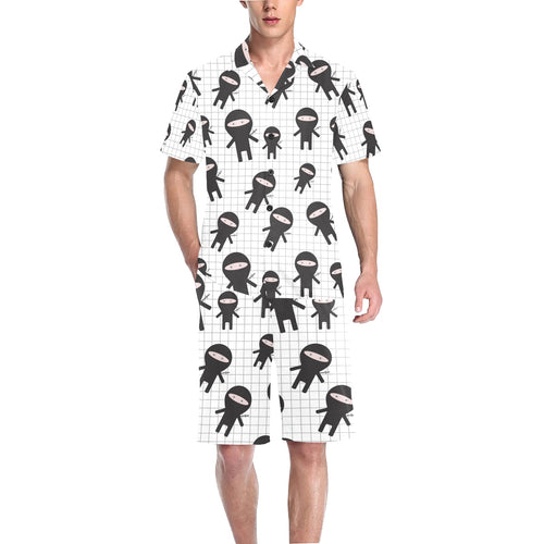Ninja pattern plaid background Men's V-Neck Short Pajama Set