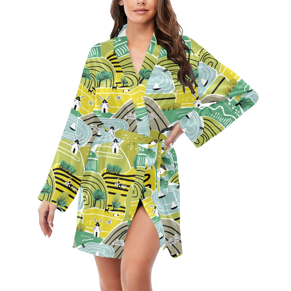 Hand drawn windmill pattern Women's Long Sleeve Belted Night Robe