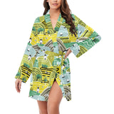 Hand drawn windmill pattern Women's Long Sleeve Belted Night Robe